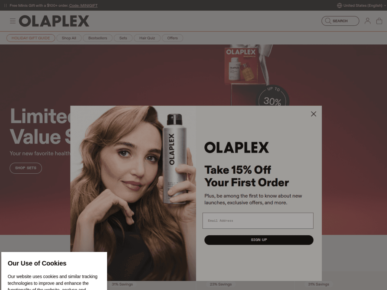 Olaplex 웹사이트 데스크톱 화면 스크린샷 — 미니멀, 인터랙션·애니메이션 스타일