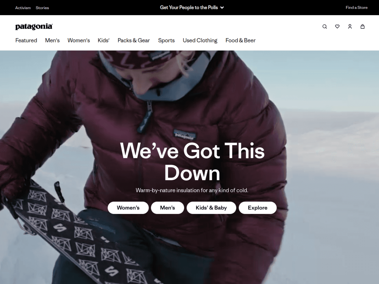Patagonia 웹사이트 데스크톱 화면 스크린샷 — 컬러풀, 인터랙션·애니메이션 스타일