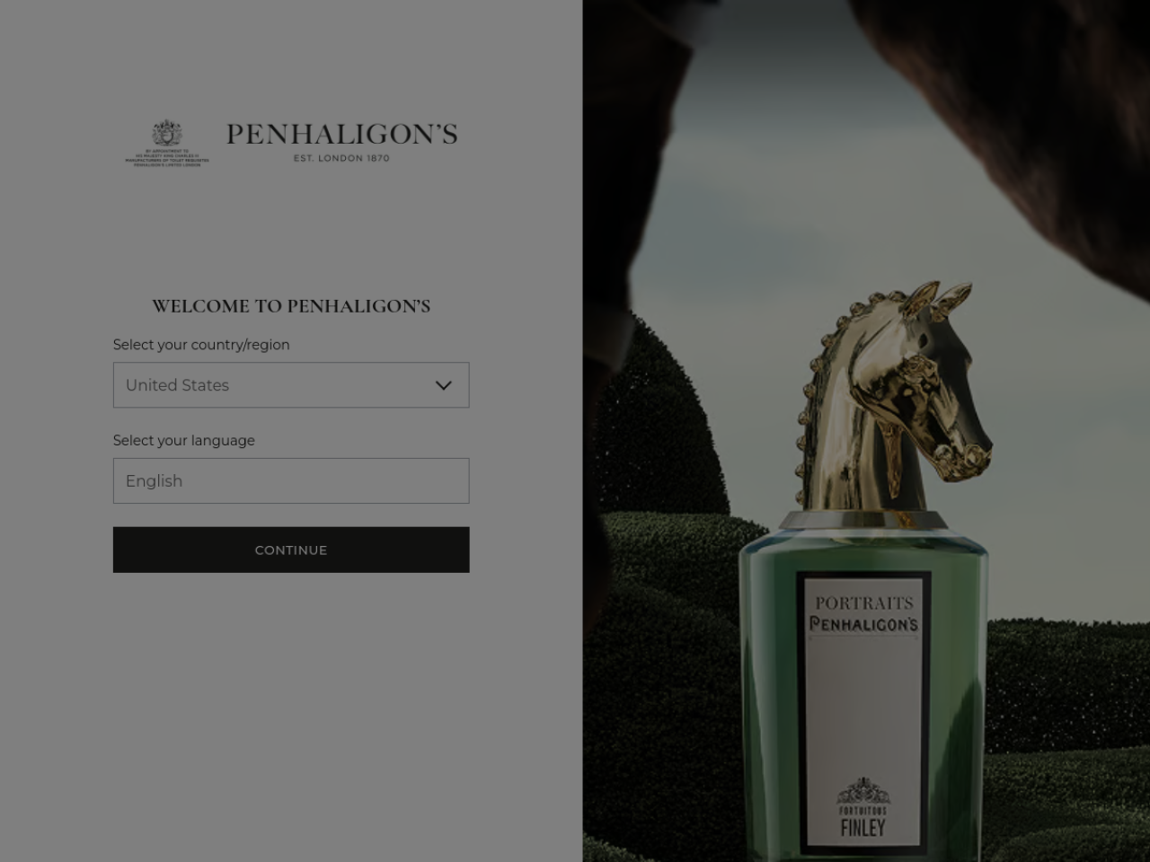 Penhaligon's 웹사이트 데스크톱 화면 스크린샷 — 에디토리얼, 다크 모드 스타일