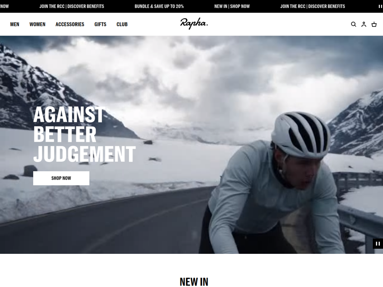 Rapha 웹사이트 데스크톱 화면 스크린샷 — 다크 모드, 실험적인 스타일