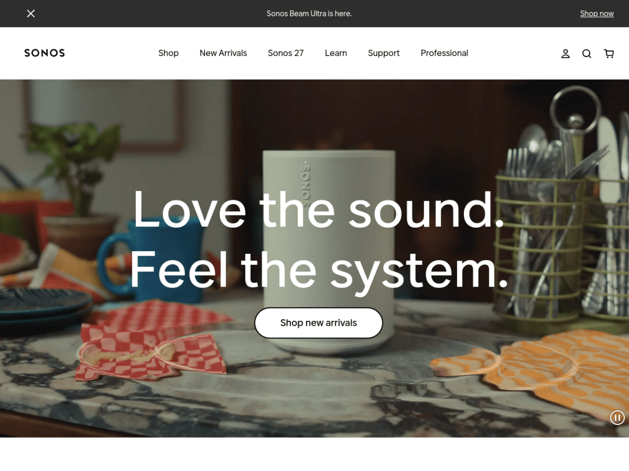 Sonos 웹사이트 데스크톱 화면 스크린샷 — 다크 모드, 실험적인 스타일