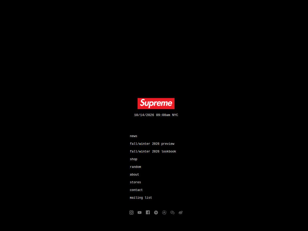 Supreme 웹사이트 데스크톱 화면 스크린샷 — 브루탈리즘, 에디토리얼 스타일