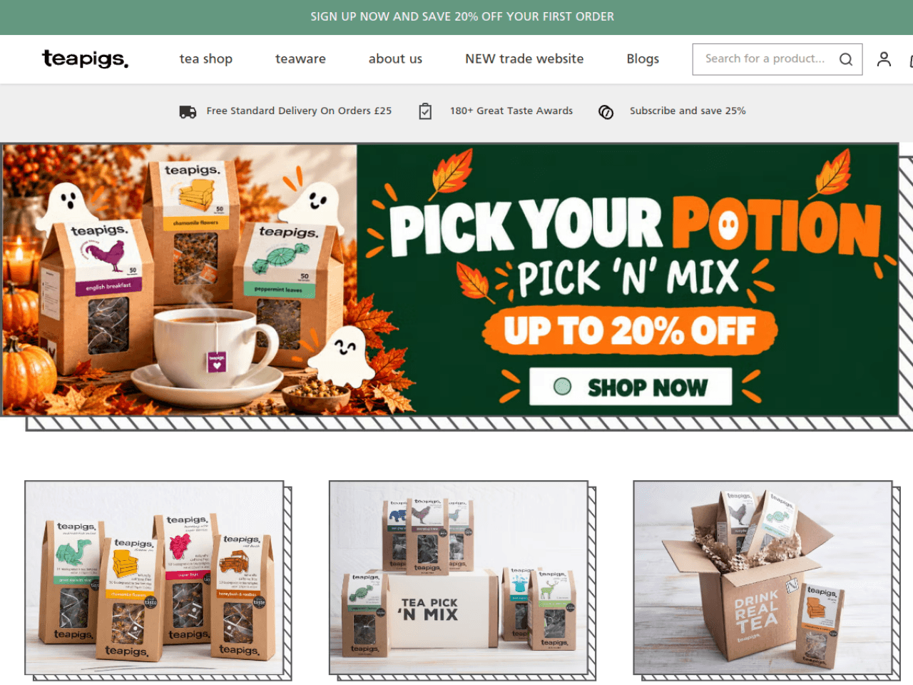 Teapigs 웹사이트 데스크톱 화면 스크린샷 — 플레이풀, 실험적인 스타일