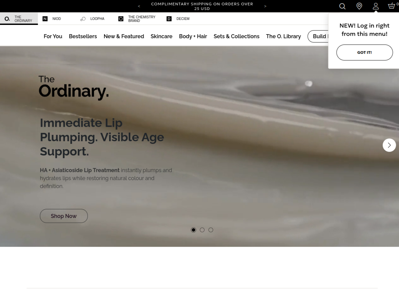 The Ordinary 웹사이트 데스크톱 화면 스크린샷 — 미니멀 스타일