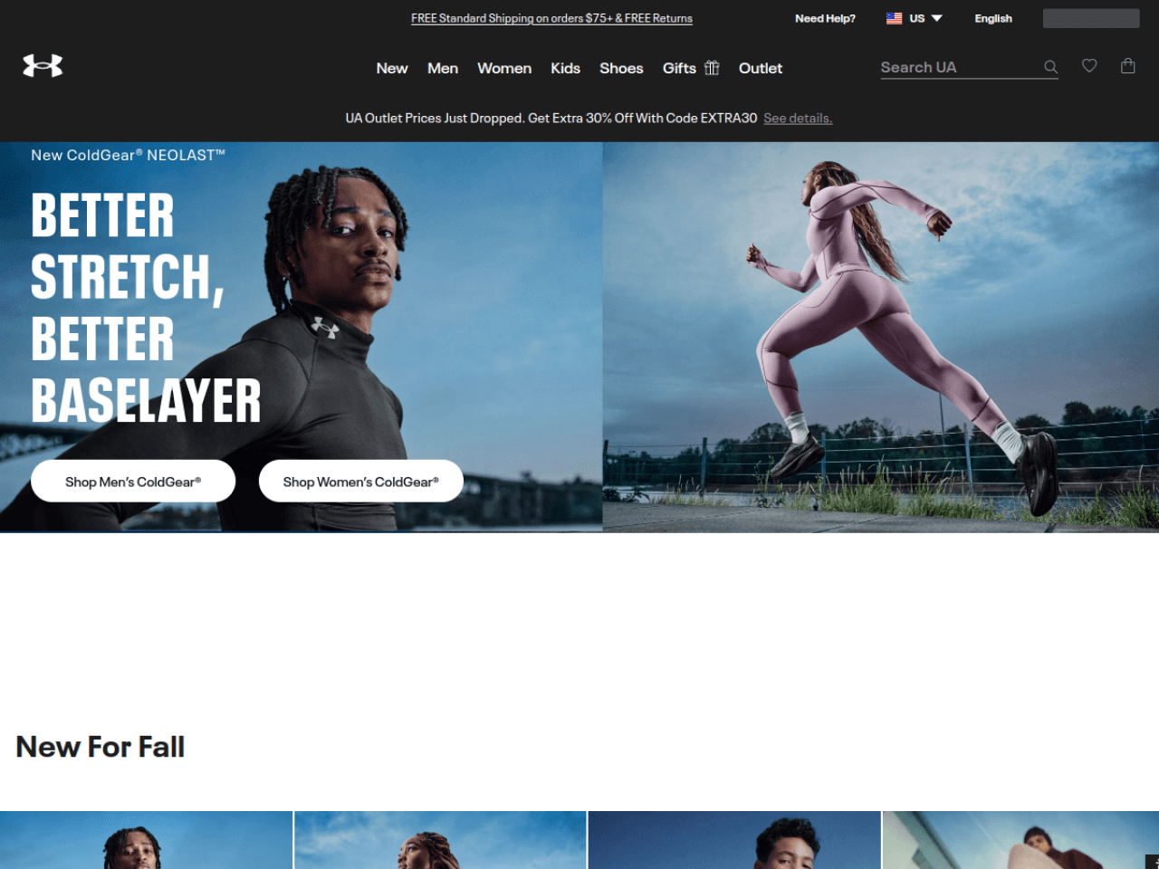 Under Armour 웹사이트 데스크톱 화면 스크린샷 — 다크 모드, 3D 스타일