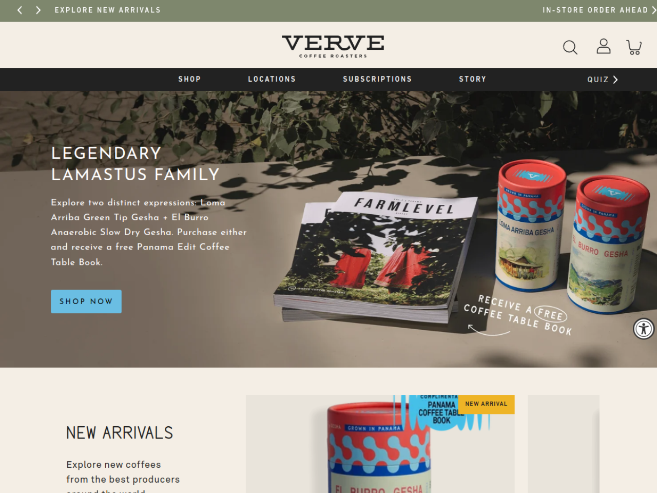 Verve Coffee Roasters 웹사이트 데스크톱 화면 스크린샷 — 컬러풀, 기업형 스타일