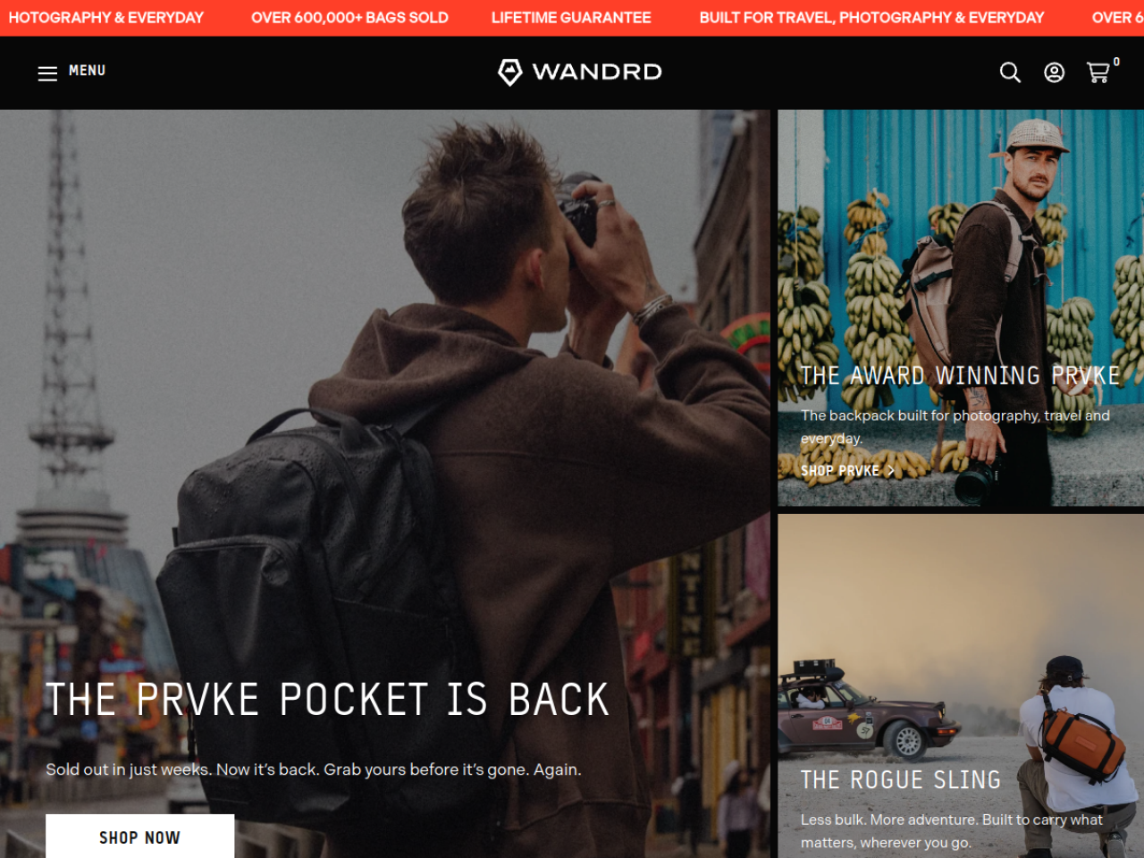 Wandrd Bags 웹사이트 데스크톱 화면 스크린샷 — 다크 모드, 모노크롬 스타일