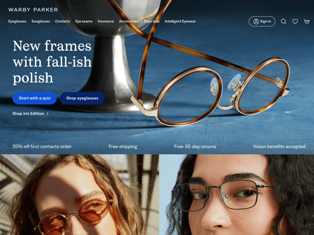 Warby Parker 웹사이트 데스크톱 화면 스크린샷 — 플레이풀, 인터랙션·애니메이션 스타일