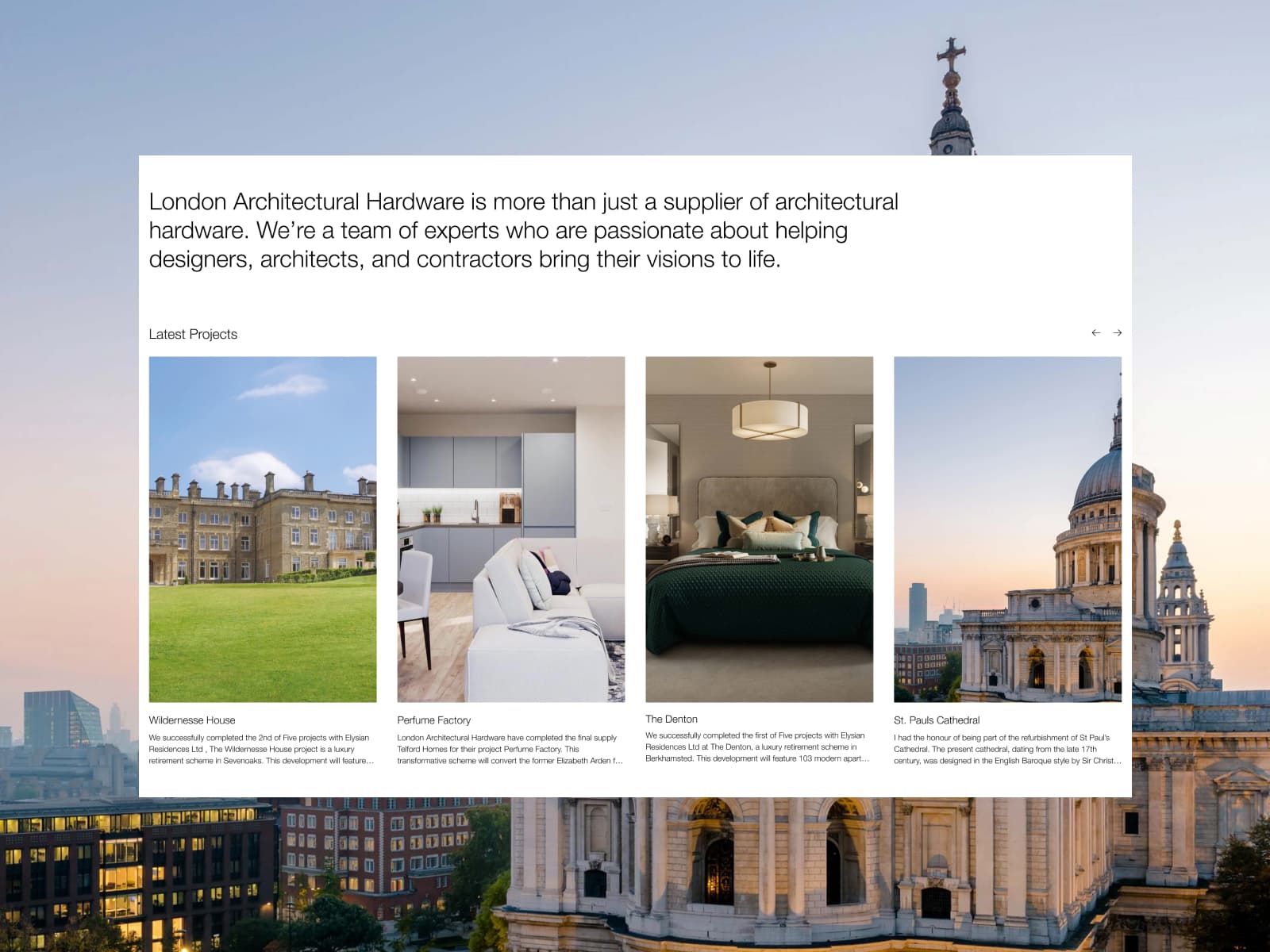 London Architectural Hardware 웹사이트 데스크톱 화면 스크린샷 — 타이포그래피 스타일