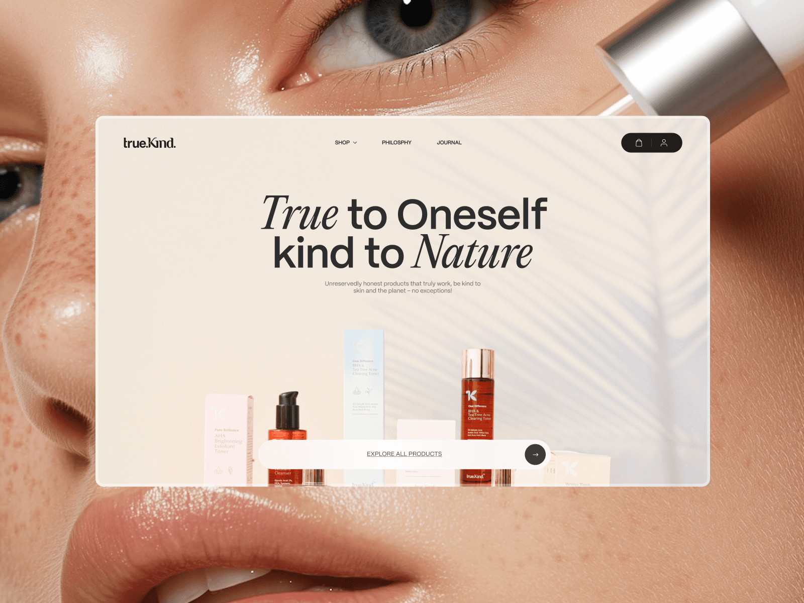 Truekind Skincare 웹사이트 데스크톱 화면 스크린샷 — 타이포그래피 스타일