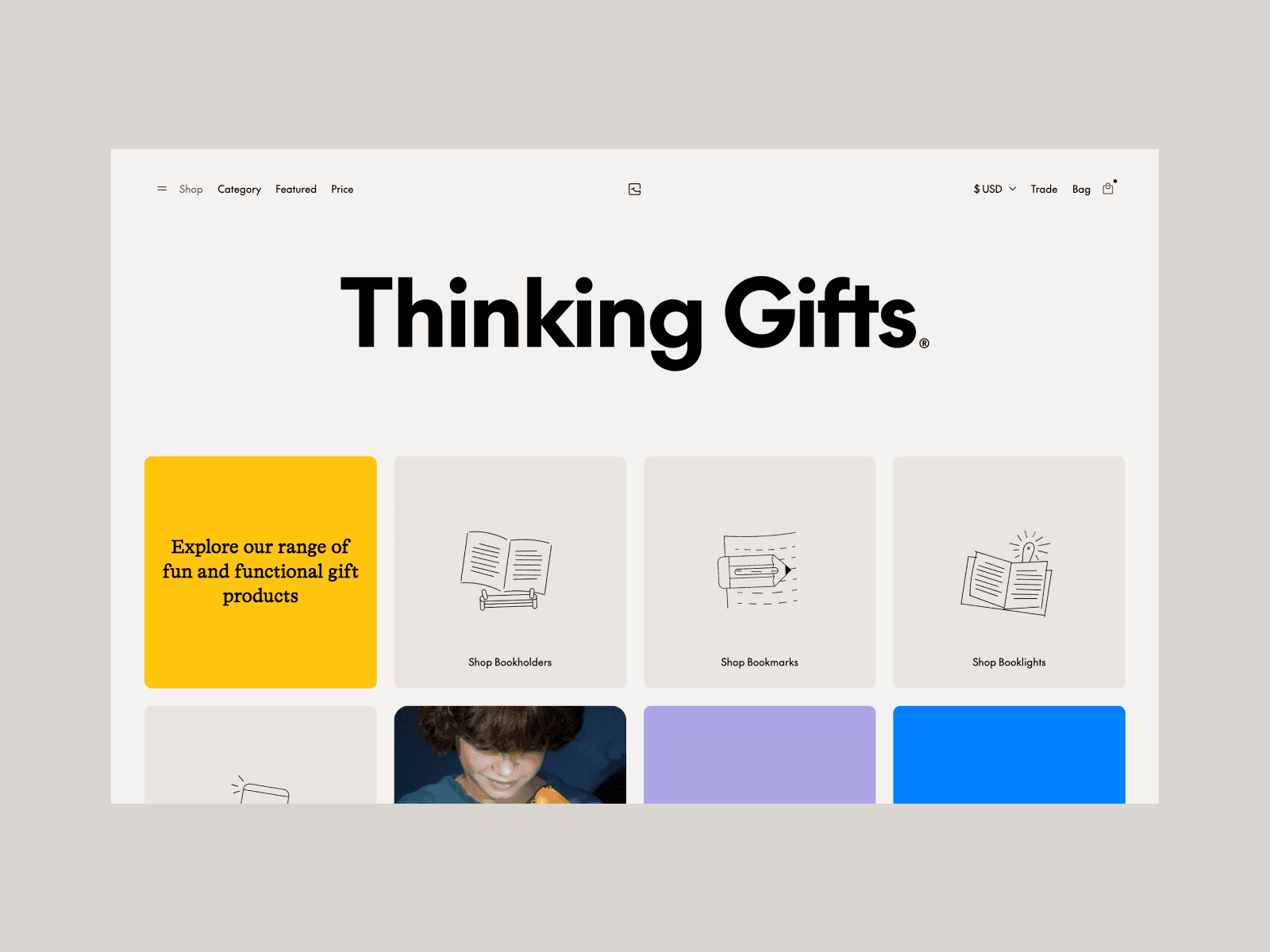 Thinking Gifts 웹사이트 데스크톱 화면 스크린샷 — 에디토리얼 스타일