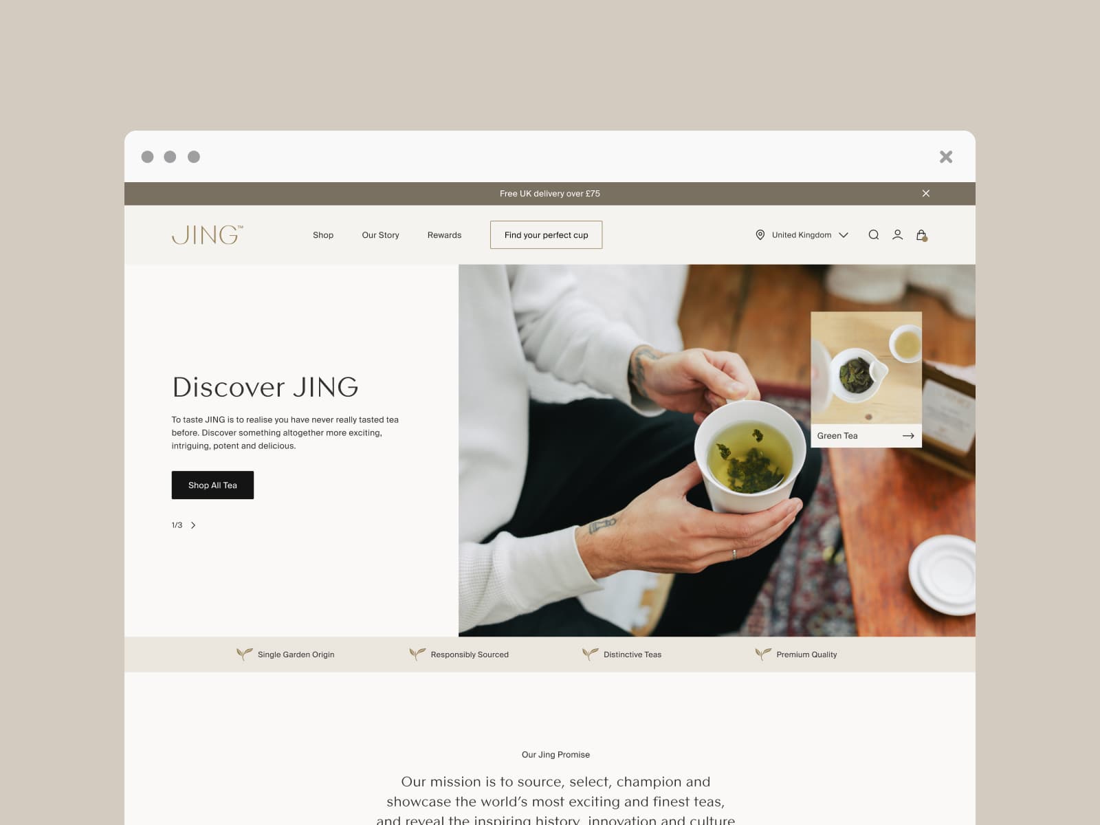 JING Tea 웹사이트 데스크톱 화면 스크린샷 — 3D 스타일