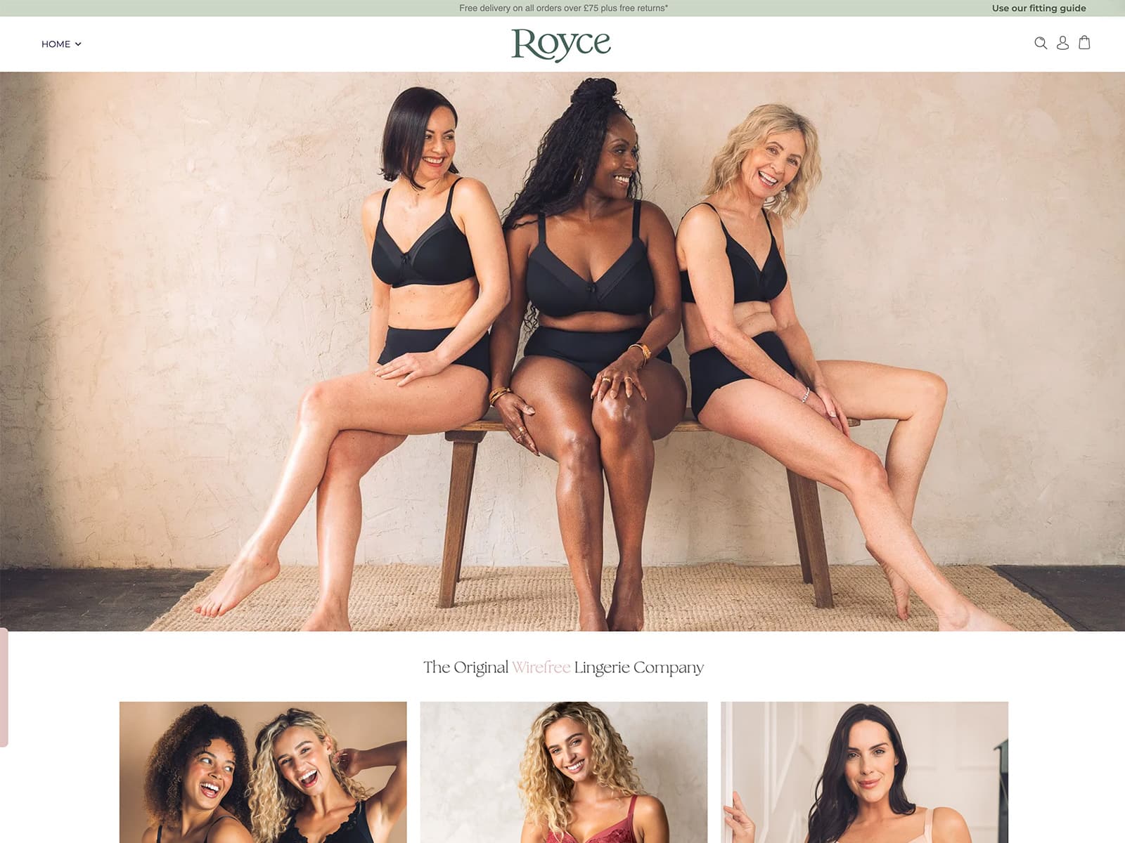 Royce Lingerie 웹사이트 데스크톱 화면 스크린샷 — 인터랙션·애니메이션 스타일