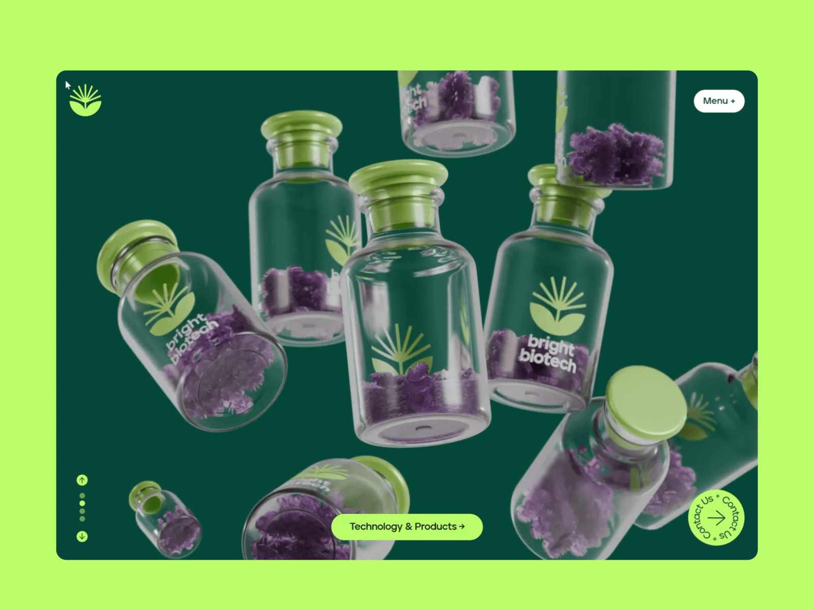 Bright Biotech 웹사이트 데스크톱 화면 스크린샷 — 인터랙션·애니메이션 스타일