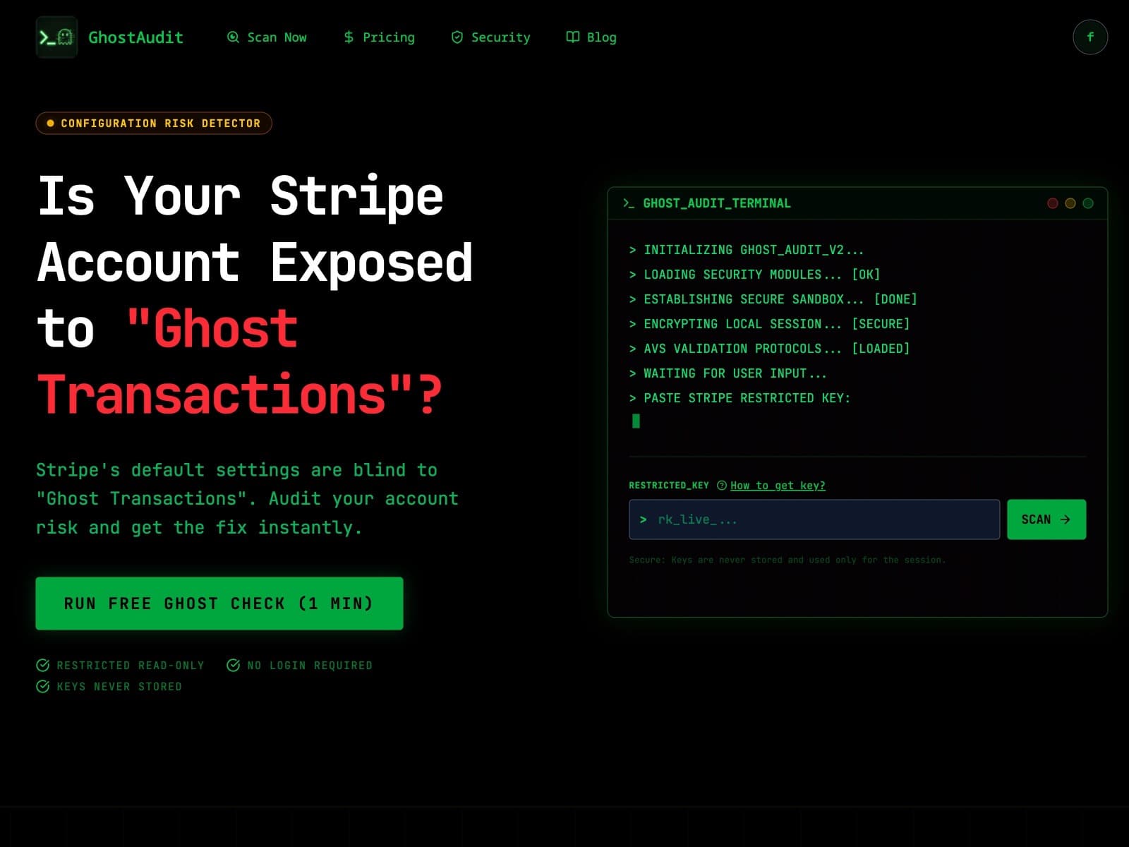 GhostAudit 웹사이트 데스크톱 화면 스크린샷 — 인터랙션·애니메이션 스타일