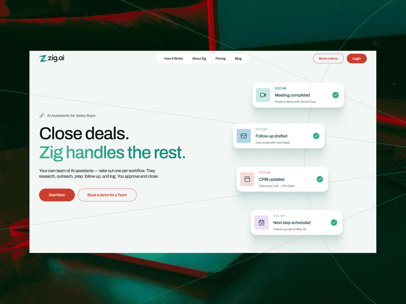 The AI engine that keeps your entire sales motion moving | zig.ai 데스크톱 화면