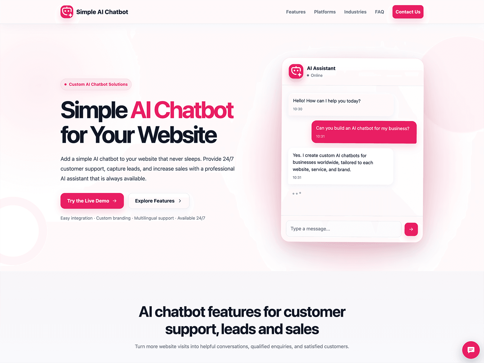 Simple AI Chatbot - Learns Your Website, No Monthly Fees 데스크톱 화면
