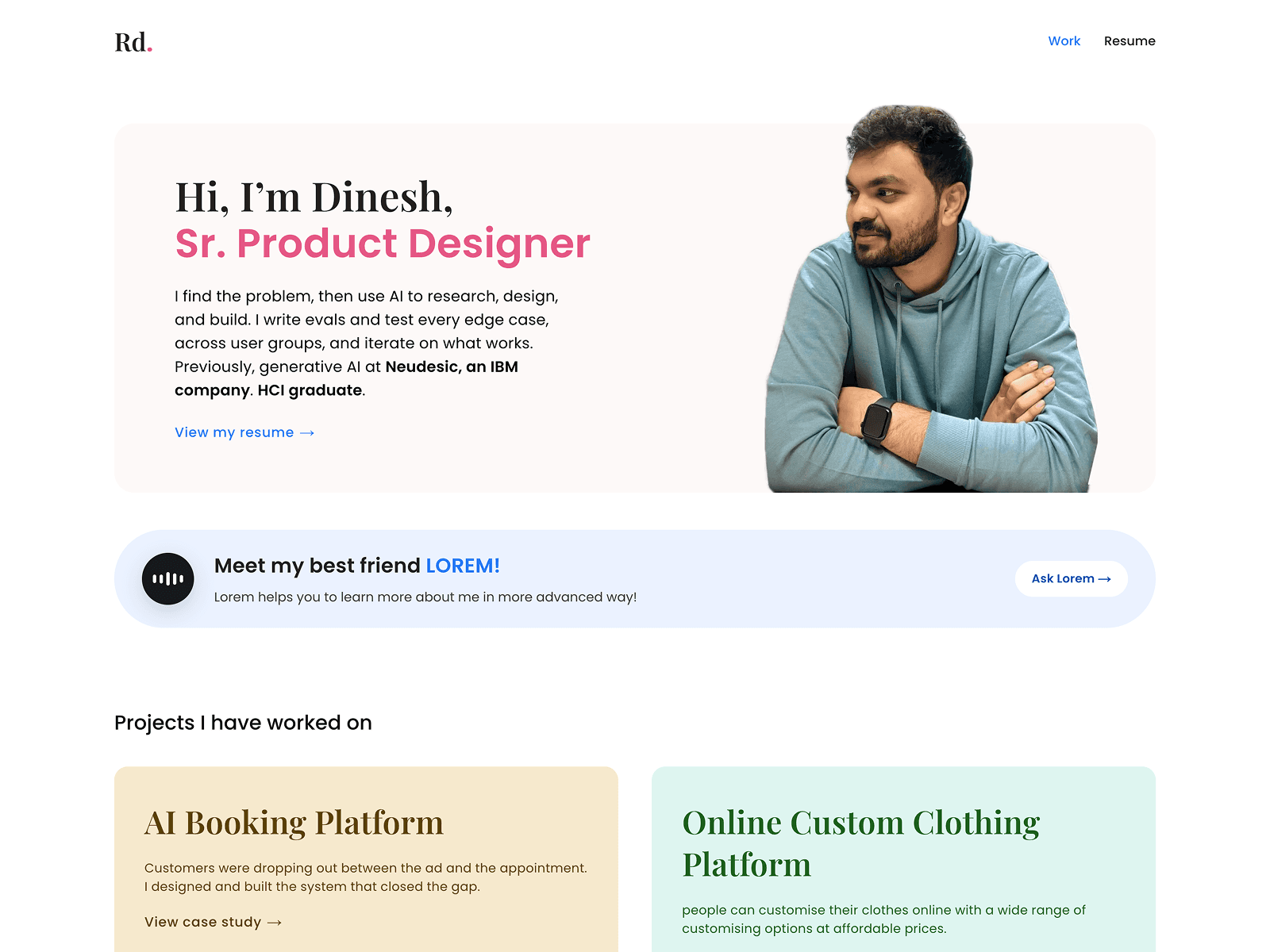 Dinesh Revunuru — Senior Product Designer 데스크톱 화면